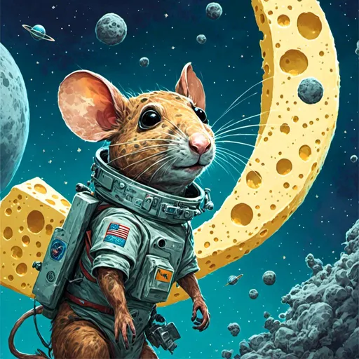 Prompt: <mymodel>First rat in space, moon made of cheese, detailed fur with reflections, sci-fi, fantasy, cool tones, highres, ultra-detailed, whimsical, surreal, atmospheric lighting, futuristic spacecraft, cosmic exploration, cheese moon, curious and determined expression