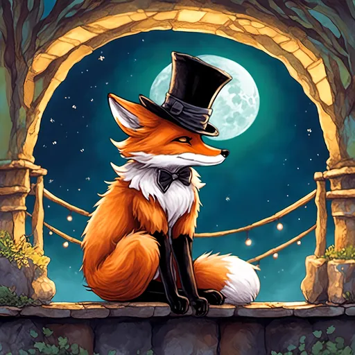 Prompt: <mymodel>A fox wearing a top hat, sitting on a moonlit bridge.