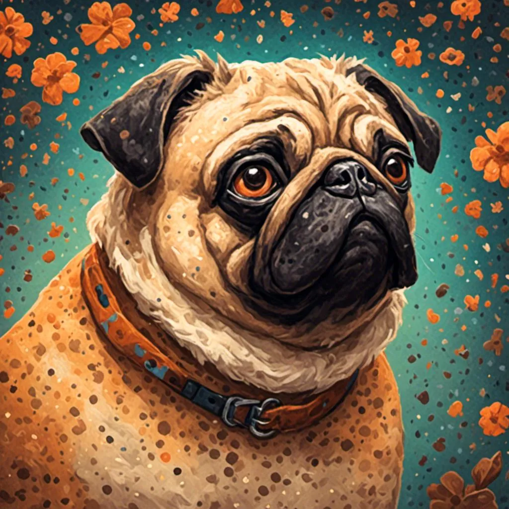 Prompt: <mymodel>Portrait of a pug in pointillism style, detailed fur made of tiny dots, warm and earthy color palette, subtle texture and depth, traditional art medium, high quality, pointillism, detailed eyes, warm tones, artistic, textured finish, professional, atmospheric lighting