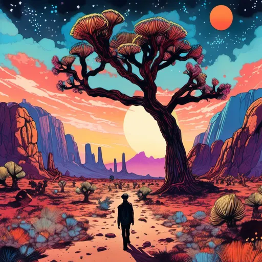 Prompt: <mymodel>Create a surreal landscape depicting Joshua Tree National Park through the eyes of someone tripping on shrooms. The scene should include vibrant colors, swirling patterns, towering rock formations, and surreal mushroom shapes intermingling with desert flora and fauna. The sky should be filled with stars and a large, glowing moon, adding to the dreamlike atmosphere.