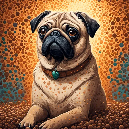 Prompt: <mymodel>Portrait of a pug in pointillism style, detailed fur made of tiny dots, warm and earthy color palette, subtle texture and depth, traditional art medium, high quality, pointillism, detailed eyes, warm tones, artistic, textured finish, professional, atmospheric lighting