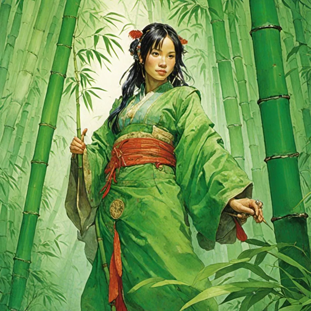 Prompt: <mymodel>Girl in a bamboo forest in a traditional green Chinese dress 