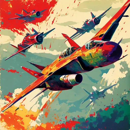 Prompt: <mymodel>Propaganda poster, fighting jets, bright & vivid colors, military theme, highres, war, streaming jets, powerful message, intense action, bold design, patriotic, dynamic composition, vibrant tones, detailed aircraft, dramatic lighting