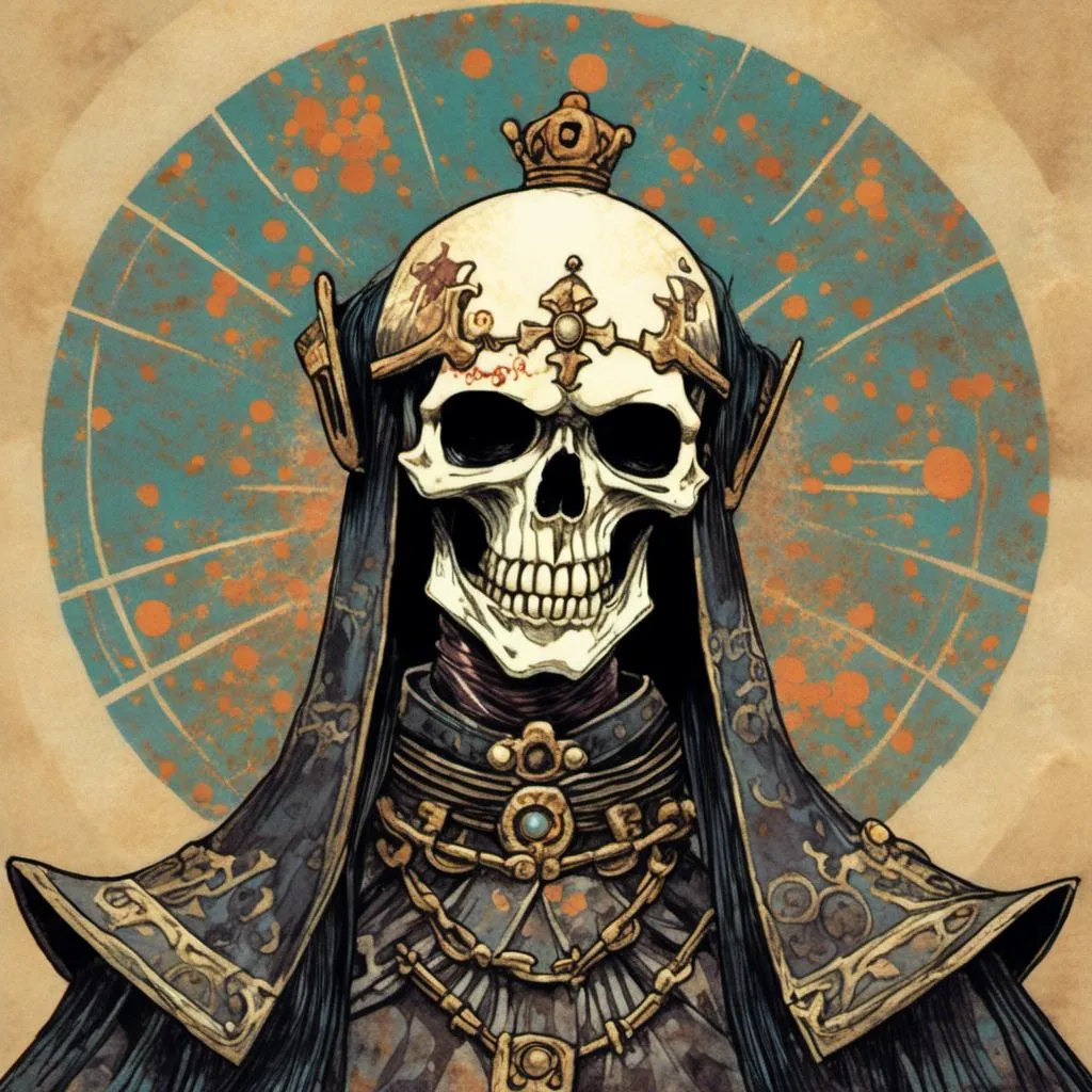 Prompt: <mymodel>Skull king, Eiichiro Oda, lowbrow, tarot card style art, a character portrait