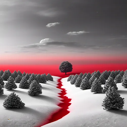 Prompt: <mymodel>impossible winter landscape red accent color, surreal, vibrant, 8k, high resolution 