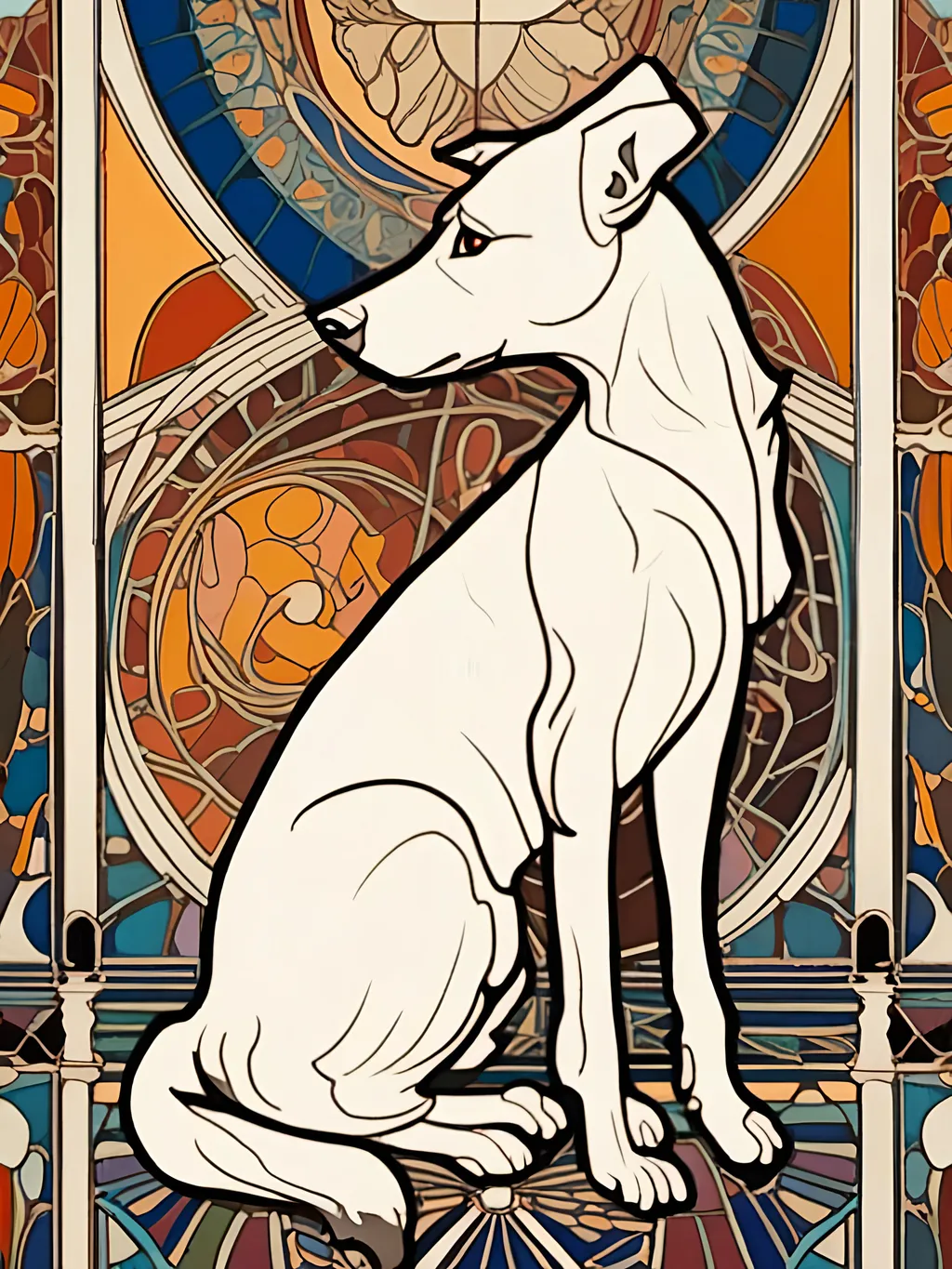 Prompt: <mymodel>Alphonse Mucha Style, art nouveau illustration of the full body of a white dog, bright eyes, dog profile, thick lines, intricate details, beautiful colors, vintage background and pattern