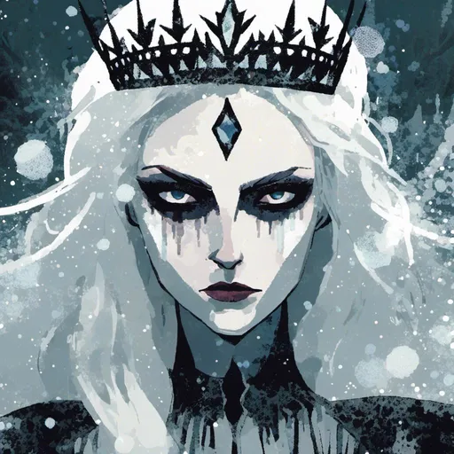 Prompt: <mymodel>evil snow queen, ice powers, pale skin, long straight white hair, white eyes, crown made of ice, looks evil and mean and scary. EVIL, revealing dress