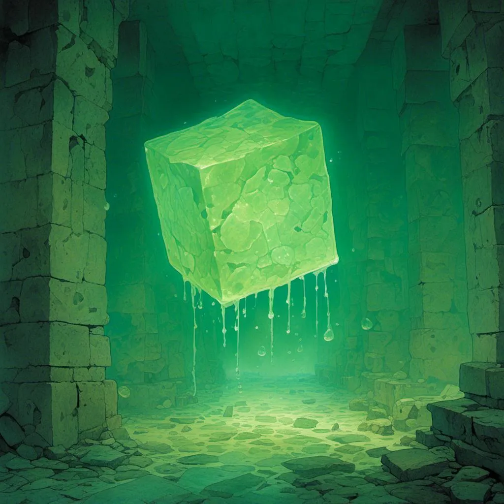 Prompt: <mymodel>Translucent giant pale green gelatinous cube, slimy, dungeon hallway, highres, detailed, eerie, fantasy, slimy texture, dimly lit, atmospheric lighting, ominous presence, detailed slime, creepy atmosphere