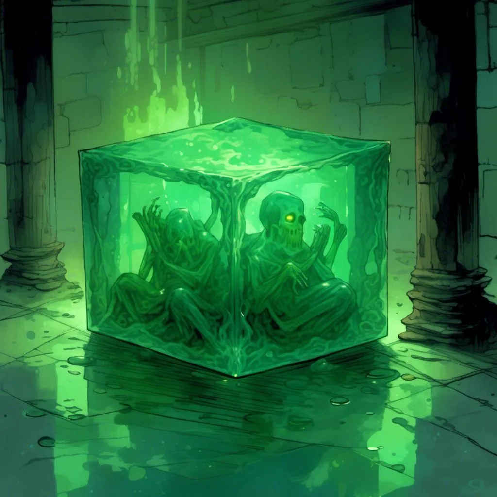 Prompt: <mymodel>Translucent giant pale green gelatinous cube, slimy, dungeon hallway, highres, detailed, eerie, fantasy, slimy texture, dimly lit, atmospheric lighting, ominous presence, detailed slime, creepy atmosphere