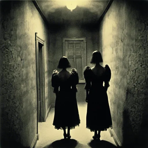 Prompt: <mymodel>Twins in eerie hotel hallway, vintage style, dimly lit with harsh shadows, creepy and haunting atmosphere, eerie twins with identical dresses, retro film grain, mysterious vibe, high contrast, vintage horror, low-key lighting, chilling, cinematic, supernatural, unsettling, suspenseful, vintage film style, eerie twins, haunting atmosphere