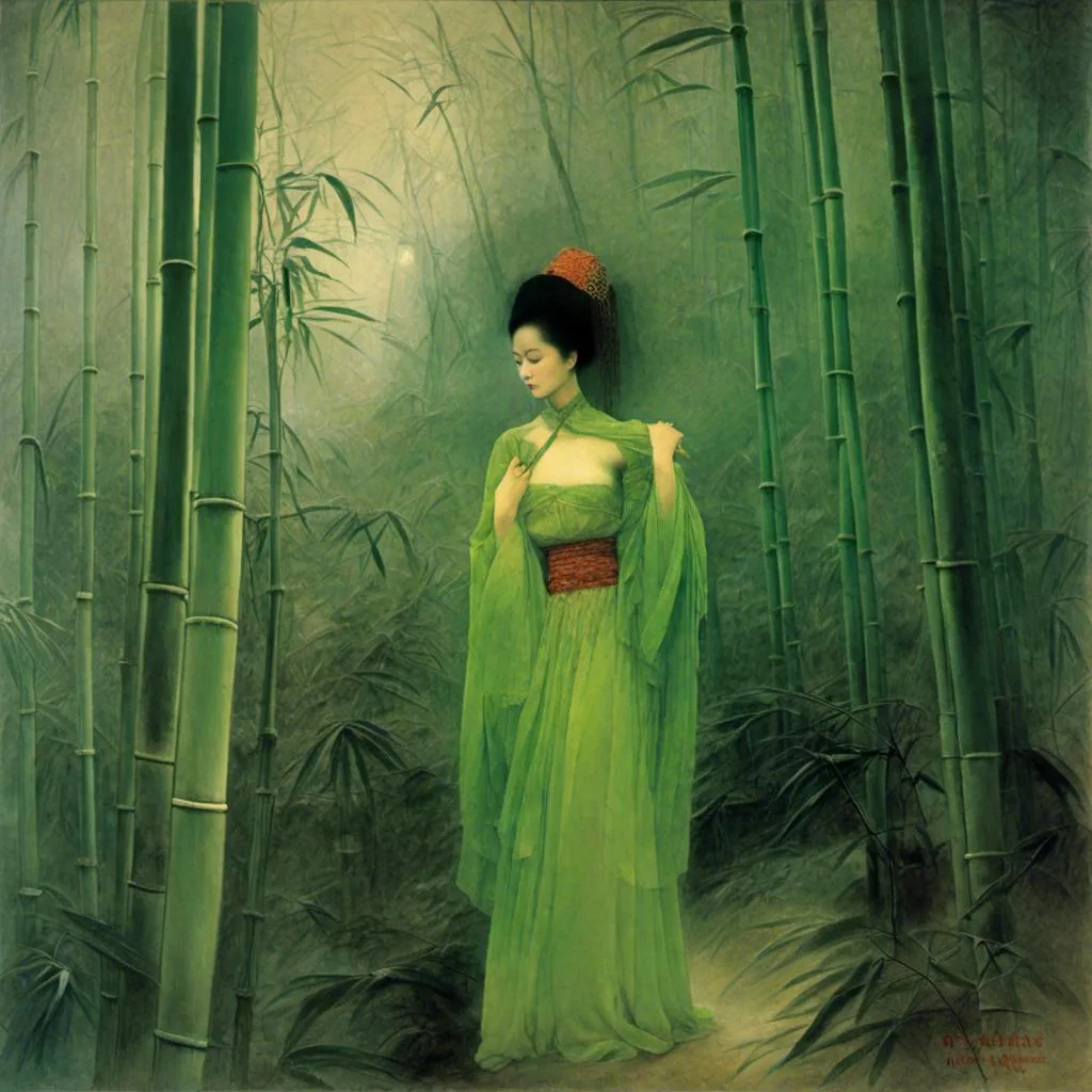 Prompt: <mymodel>Girl in a bamboo forest in a traditional green Chinese dress 