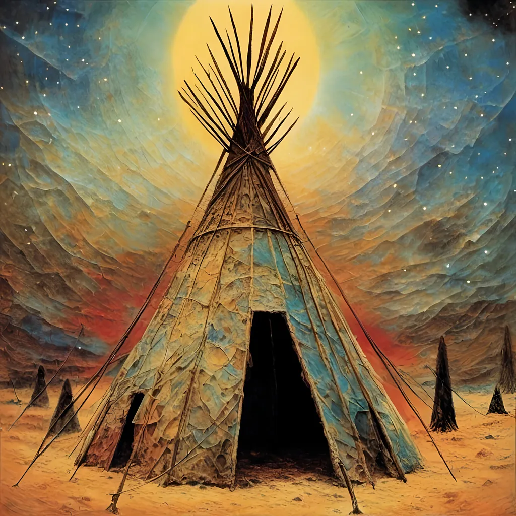 Prompt: <mymodel>TIPI FEST invitation
withe northamerican tipi background starry night, hippie setting, peyote, vivid colours
peyote designs psychedelic