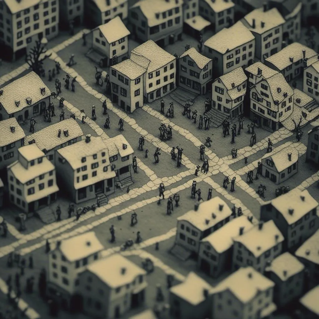 Prompt: <mymodel>aerial view, tilt-shift, isometric miniature world, detailed zombie apocalypse, downtown, fire