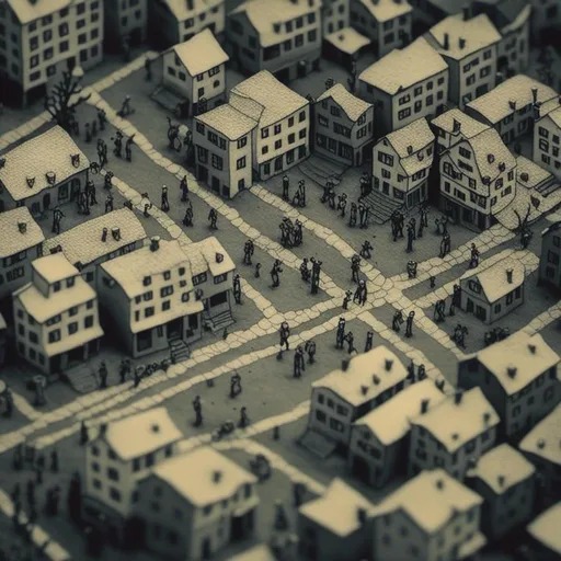 Prompt: <mymodel>aerial view, tilt-shift, isometric miniature world, detailed zombie apocalypse, downtown, fire