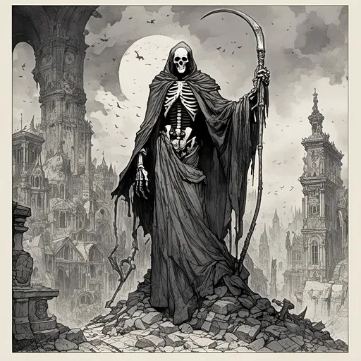 Prompt: <mymodel>In a stark black and white sketch style, envision the Grim Reaper as a towering figure with a skeletal visage, draped in tattered robes that billow like smoke. Their scythe cuts through the air, casting elongated shadows that intertwine with wisps of mist. Behind the Reaper, a series of intricate hourglasses hang suspended, each representing a life's passage. The scene is framed by a moonlit sky, adding an eerie yet captivating atmosphere to the artwork.