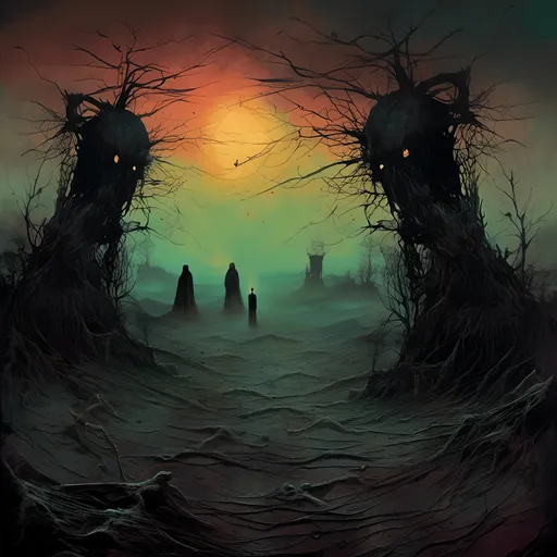 Prompt: <mymodel>Surreal digital painting of a haunting landscape, Beksiński-inspired, dark and ominous atmosphere, twisted and distorted figures, eerie and surreal, macabre, high-contrast shadows, nightmarish, detailed textures, otherworldly, haunting color palette, best quality, highres, ultra-detailed, surrealism, dark tones, atmospheric lighting, digital painting, haunting landscape, surreal figures