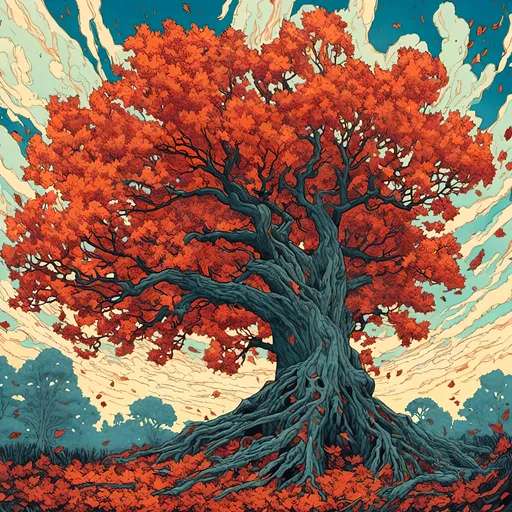Prompt: <mymodel>A linocut of big Oak tree with orangey red leaves falling off, upward like it’s indistinguishable from representing fire contrast on blueish background 