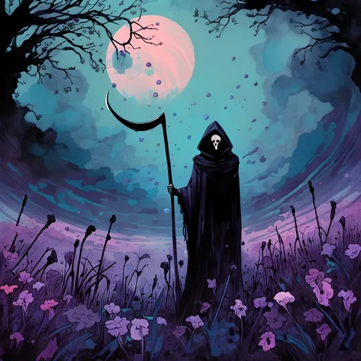 Prompt: <mymodel>a hauntingly beautiful scene where the Grim Reaper, cloaked in shadows and wielding a scythe of gleaming obsidian, stands amidst a field of withered flowers. The sky above is a swirling canvas of midnight blues and purples, streaked with ethereal wisps of silver. In the Reaper's wake, souls rise as luminous orbs, each carrying a story of their own. Capture the juxtaposition of darkness and light, the delicate balance between life and death, in a mesmerizing AI-generated artwork.