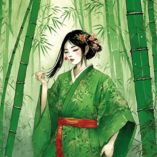 Prompt: <mymodel>Girl in a bamboo forest in a traditional green Chinese dress 