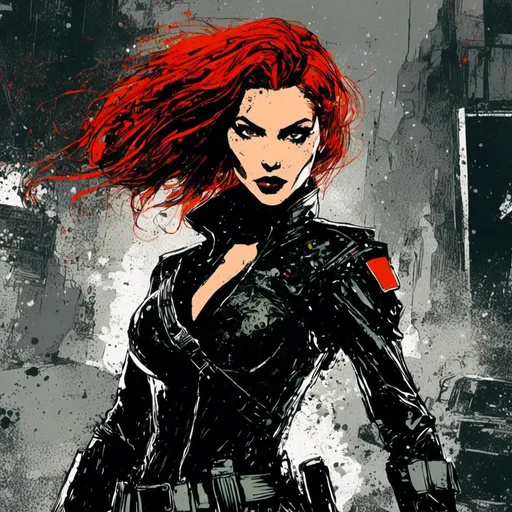 Prompt: <mymodel>Gritty Todd McFarlane style black and neon Black Widow. Full body. Gritty, futuristic army-trained villain. Bloody. Accurate. realistic. evil eyes. Slow exposure. Detailed. Dirty. Dark and gritty. Post-apocalyptic Neo Tokyo .Futuristic. Shadows. Armed. Fanatic. Intense. 