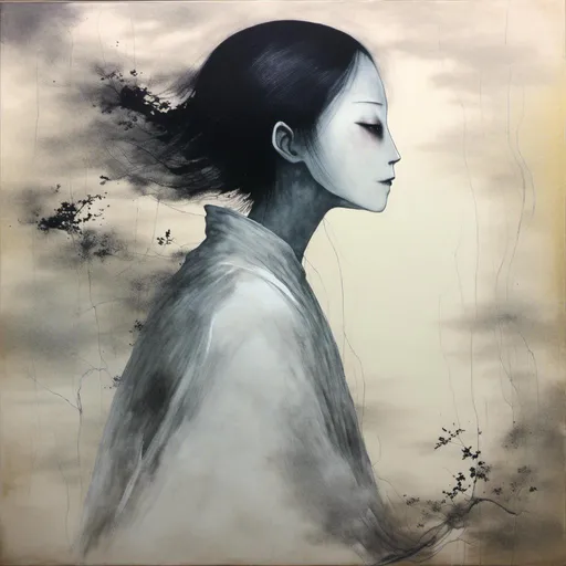 Prompt: <mymodel>Yuurei oil painting, eerie ghostly figure, traditional Japanese art style, dark and haunting atmosphere, wispy and ethereal brushstrokes, haunting eyes, flowing white garments, chilling presence, high quality, oil painting, traditional Japanese art, eerie atmosphere, ghostly, haunting, ethereal, chilling, detailed brushstrokes, atmospheric lighting