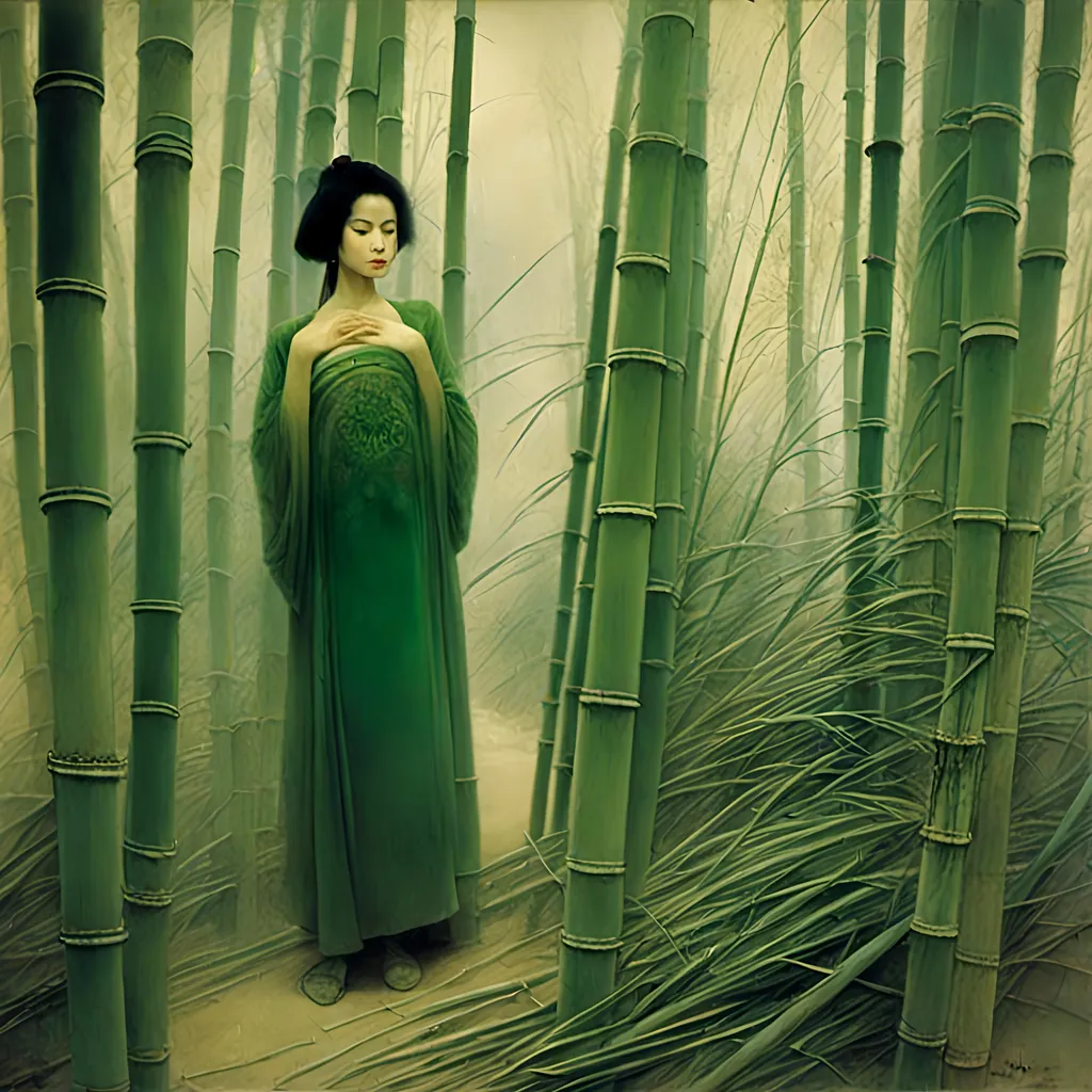 Prompt: <mymodel>Girl in a bamboo forest in a traditional green Chinese dress 