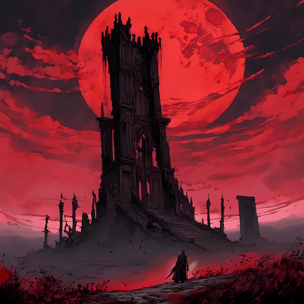 Prompt: <mymodel>Stonehenge, 1other, architecture, cloud, full moon, gun, hunter \(bloodborne\), moon, night, outdoors, red moon, red sky, ruins, scenery, sky, tower, weapon