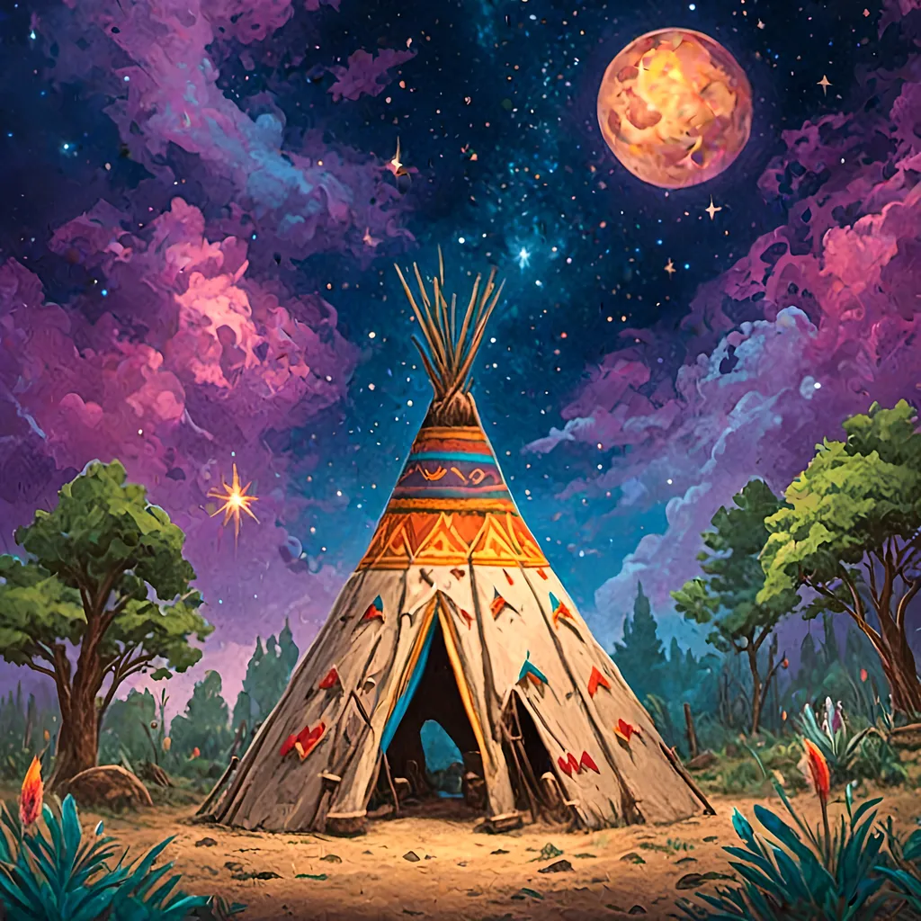 Prompt: <mymodel>TIPI FEST invitation
withe northamerican tipi background starry night, hippie setting, peyote, vivid colours
peyote designs psychedelic