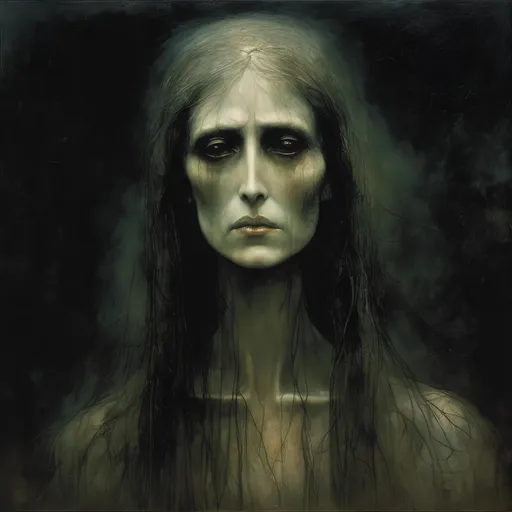 Prompt: <mymodel>Detailed, eerie portrait of a mysterious mother figure, dark and gloomy atmosphere, horror, unsettling facial expression, cold and pale skin, haunting gaze, long flowing hair, high contrast lighting, oil painting, high quality, horror, dark tones, unsettling, eerie, detailed eyes, gloomy, cold skin, mysterious, atmospheric lighting