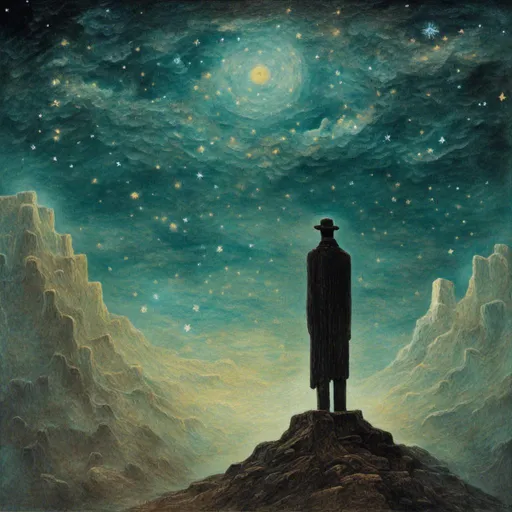 Prompt: <mymodel>A man standing on the top of the moutain (side view) and starry night van gogh style in the sky. A lot of star and white cloud on the sky 