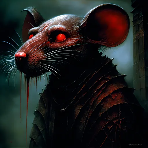 Prompt: <mymodel>Detailed digital painting of a vampiric humanoid rat, dark and ominous, blood-red eyes, sharp fangs, eerie mist, gothic horror style, creepy atmosphere, deep shadows, high contrast, sinister aura, best quality, ultra-detailed, digital painting, gothic horror, eerie mist, blood-red eyes, sharp fangs, ominous atmosphere, sinister, highres, dark tones, atmospheric lighting