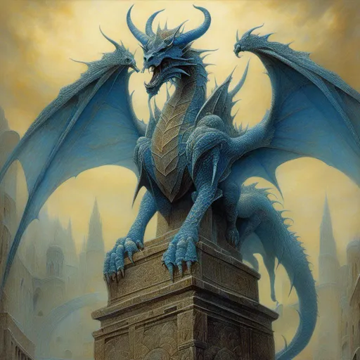 Prompt: <mymodel>Detailed, high-quality illustration of a majestic horned blue dragon, dungeons and dragons, fantasy setting, intricate scales and textures, imposing presence, mythical creature, dragon breath, vibrant and captivating, fantasy, mythical, dungeons and dragons, intricate details, highres, ultra-detailed, fantasy art, majestic horns, imposing, atmospheric lighting