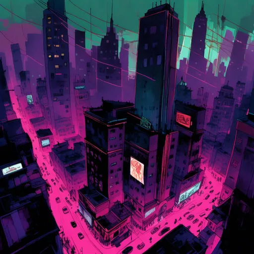 Prompt: <mymodel>Picture towering skyscrapers shrouded in darkness, illuminated only by neon signs and holographic advertisements. Hovering drones patrol the skies, while citizens with cybernetic enhancements navigate the gritty streets filled with a mix of advanced technology and urban decay. The atmosphere is tense, filled with intrigue, danger, and the constant hum of a city that never sleeps.