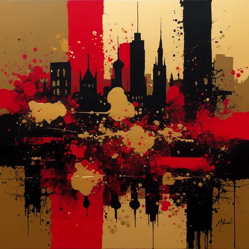 Prompt: <mymodel>produce an original abstract oil painting inspired by the vibrant red, black, and gold (like the German flag) of Munich, Germany. Capture the lively and elegant essence of this city through bold and vibrant hues such as deep reds, intense blacks, and rich golden yellows, with abstract elements that symbolize the city's rich culture and history, such as rhythmic patterns reminiscent of traditional Bavarian folk music or abstract forms representing iconic Bavarian architecture like the Frauenkirche. Use expressive brushstrokes and textures to create a dynamic composition that reflects the vibrant spirit and beauty of Munich. Let the colors blend and interact in a harmonious way, evoking a sense of warmth, joy, and cultural richness.