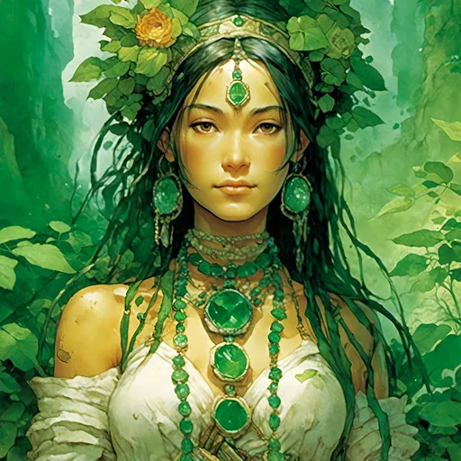 Prompt: <mymodel>Kwan Yin adorned with an emerald necklace, serene amidst a flourishing natural setting, captured in the style of a midjourney v6, emerald hues complementing the lush surroundings, ultra-realistic, Kodachrome aesthetic, high definition, 32k resolution.