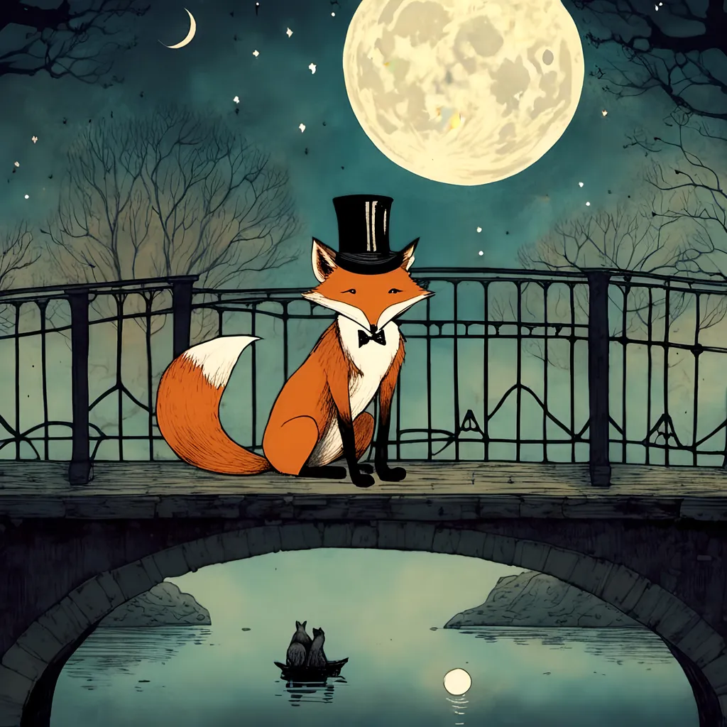 Prompt: <mymodel>A fox wearing a top hat, sitting on a moonlit bridge.