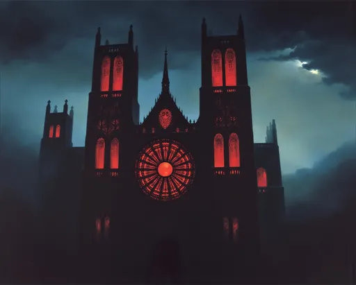 Prompt: Terrifying creepy cathedral. Ominous looming high. Dark with pops of color