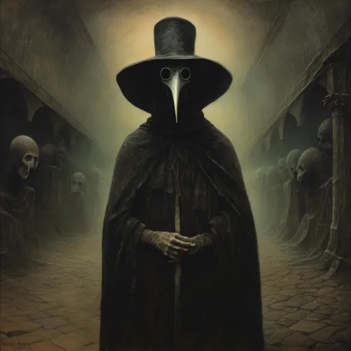 Prompt: <mymodel>Plague doctor in eerie medieval setting, haunting details, dark and mysterious, high quality, oil painting, gothic, macabre, eerie lighting, detailed cloak, beak mask, haunting atmosphere, chilling, haunting eyes, historical, atmospheric lighting