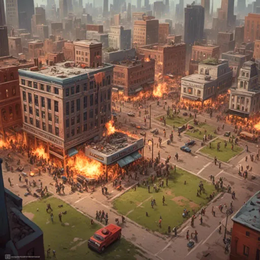 Prompt: <mymodel>zombie apocalypse, aerial view, tilt-shift, isometric miniature world, detailed zombie apocalypse, downtown, fire