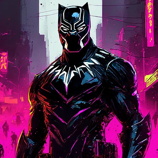 Prompt: <mymodel>Gritty Todd McFarlane style black and neon Black Panther. Full body. Gritty, futuristic army-trained villain. Bloody. Accurate. realistic. evil eyes. Slow exposure. Detailed. Dirty. Dark and gritty. Post-apocalyptic Neo Tokyo .Futuristic. Shadows. Armed. Fanatic. Intense. 