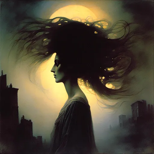 Prompt: <mymodel>Silhouette of a woman with glowing eyes, swept hair, night scene, atmospheric lighting, high quality, surreal, mysterious, cool tones, detailed eyes, flowing hair, professional, dramatic lighting