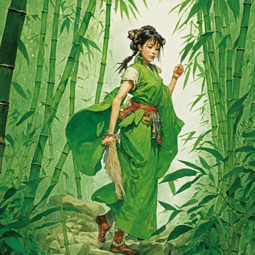 Prompt: <mymodel>Girl in a bamboo forest in a traditional green Chinese dress 