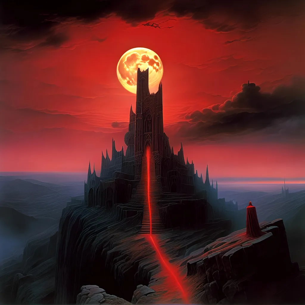 Prompt: <mymodel>a castle on a hill with a full moon in the background and a red sky with clouds and a trail leading to it, Christophe Vacher, gothic art, dark fantasy art, a detailed matte painting