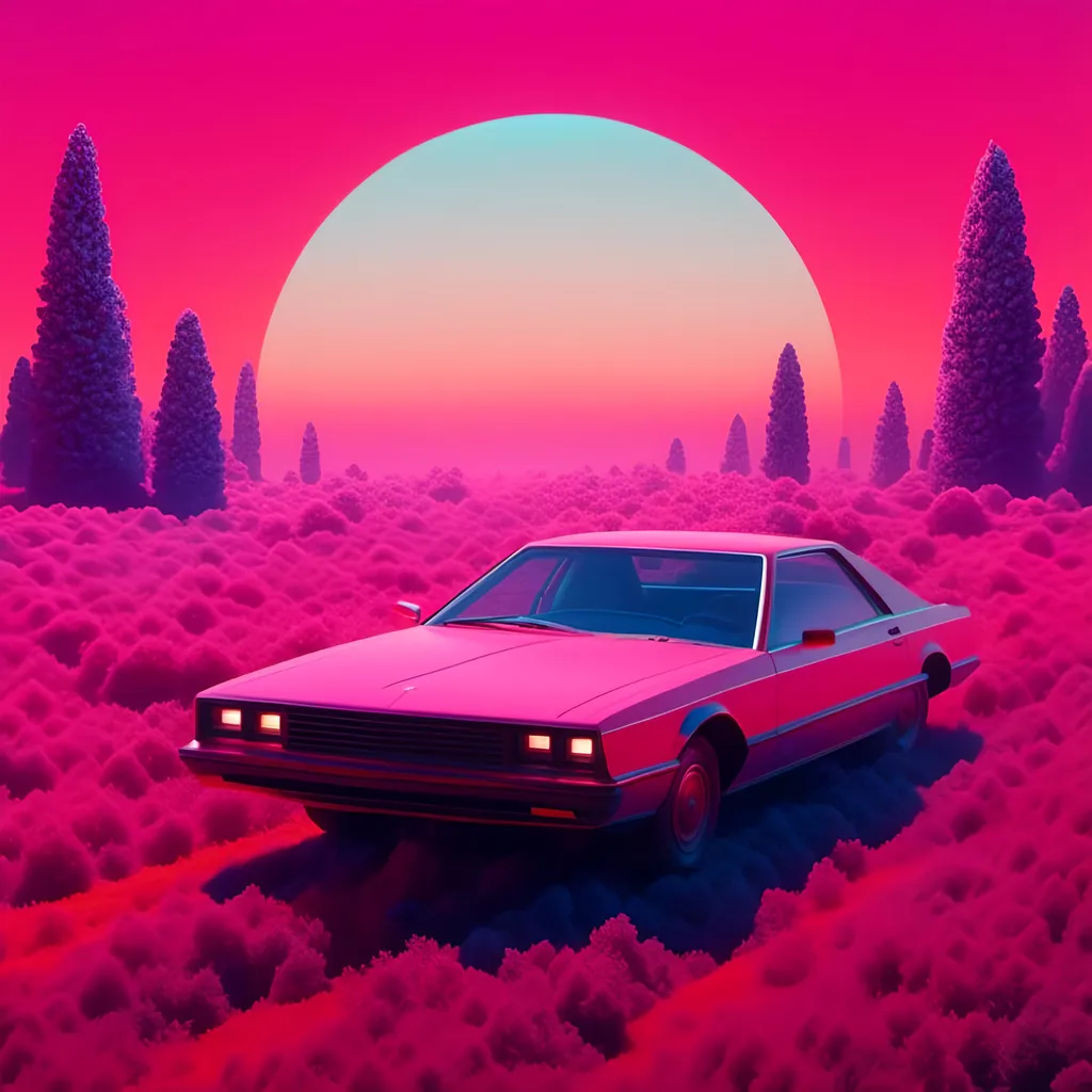 Prompt: <mymodel>a car is shown in a retro style with a pink background and a blue background with a red background, Beeple, retrofuturism, outrun, poster art