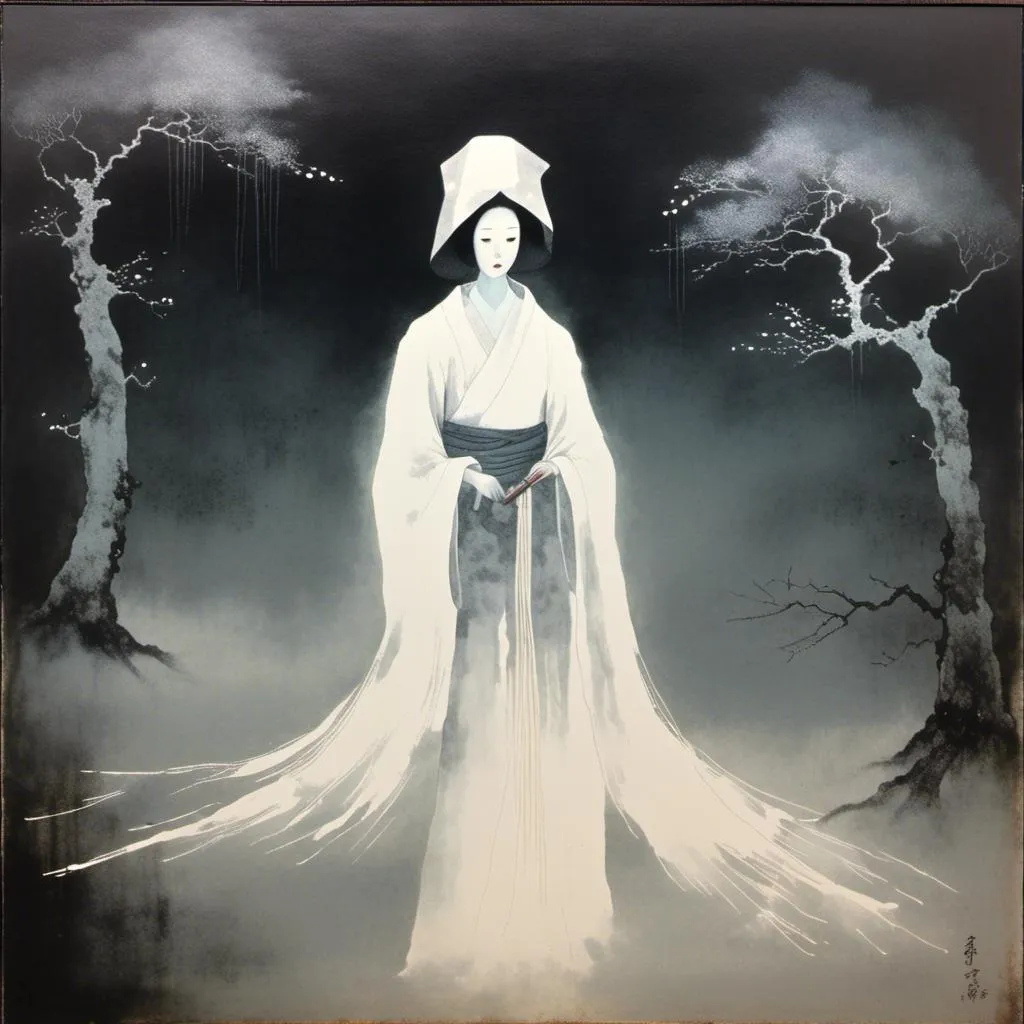 Prompt: <mymodel>Yuurei oil painting, eerie ghostly figure, traditional Japanese art style, dark and haunting atmosphere, wispy and ethereal brushstrokes, haunting eyes, flowing white garments, chilling presence, high quality, oil painting, traditional Japanese art, eerie atmosphere, ghostly, haunting, ethereal, chilling, detailed brushstrokes, atmospheric lighting