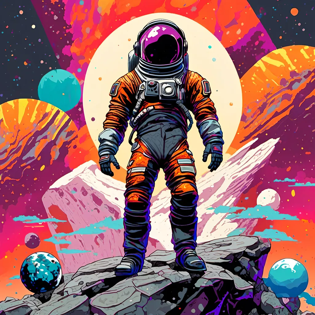 Prompt: <mymodel>astronaut in space suit standing on a rocky surface with planets in the background, intricate design pop art, fortnite skin, dark grey and orange colours, style of cartoon, moutains, bold psychedelic colors, to infinity and beyond, astronaut below, nomad