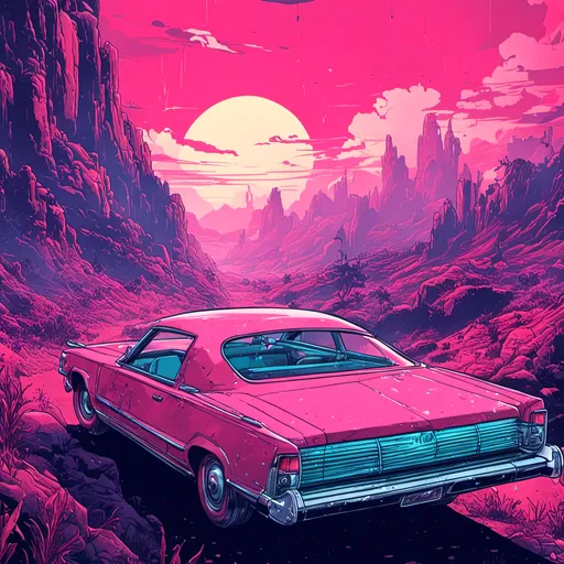 Prompt: <mymodel>a car is shown in a retro style with a pink background and a blue background with a red background, Beeple, retrofuturism, outrun, poster art