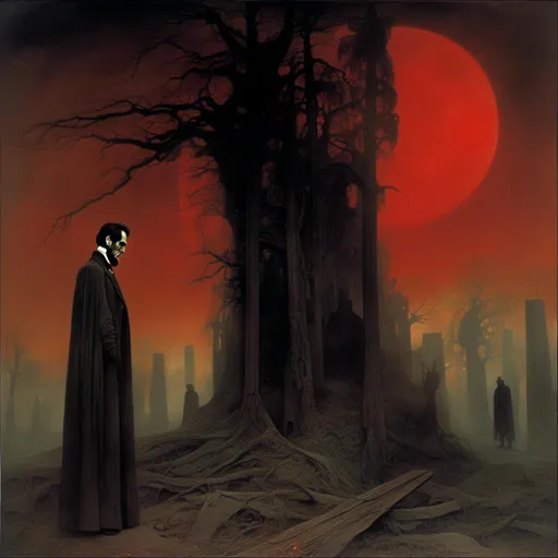 Prompt: <mymodel> a striking scene where Abraham Lincoln, dressed in 19th-century attire, wields a axe, battling fierce, supernatural vampires under a blood-red moon. The setting is a gothic, mist-filled forest with ancient, gnarled trees casting eerie shadows. The contrast between Lincoln's determined expression and the menacing vampires creates a dramatic and captivating composition.