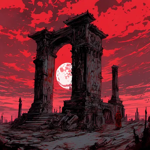 Prompt: <mymodel>Stonehenge, 1other, architecture, cloud, full moon, gun, hunter \(bloodborne\), moon, night, outdoors, red moon, red sky, ruins, scenery, sky, tower, weapon