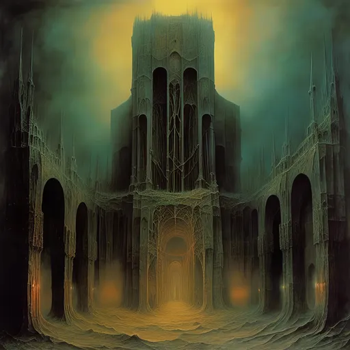 Prompt: <mymodel>cathedral church, unimaginable architecture, creepy, eerie, Zdzisław Beksiński-inspired, oil painting, detailed textures, surreal lighting, unsettling atmosphere, highres, detailed, eerie, surreal, oil painting, cathedral, alien-like, Zdzisław Beksiński, creepy, detailed architecture